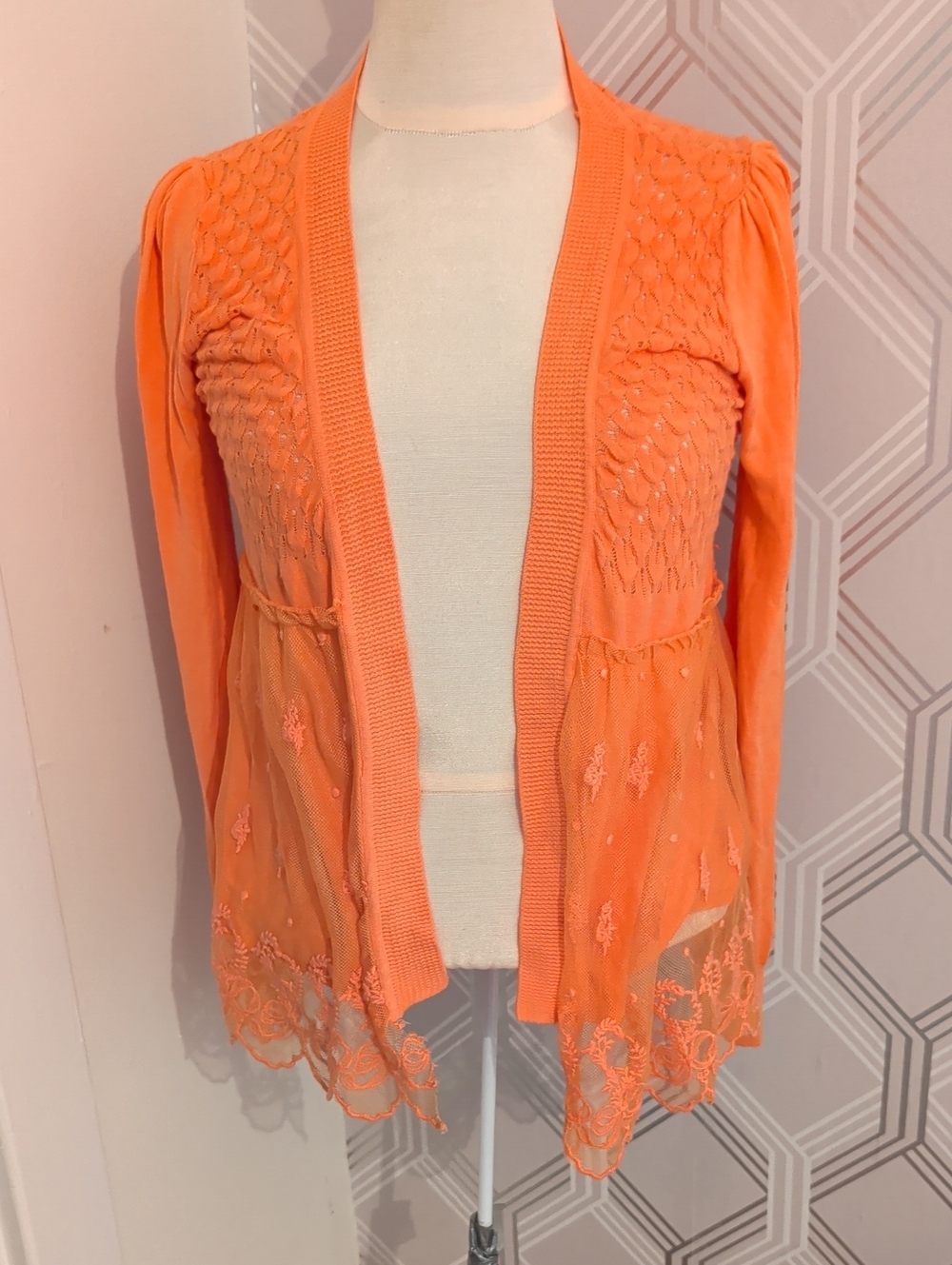 Lightweight Orange Embroidered Open-Front Cardigan